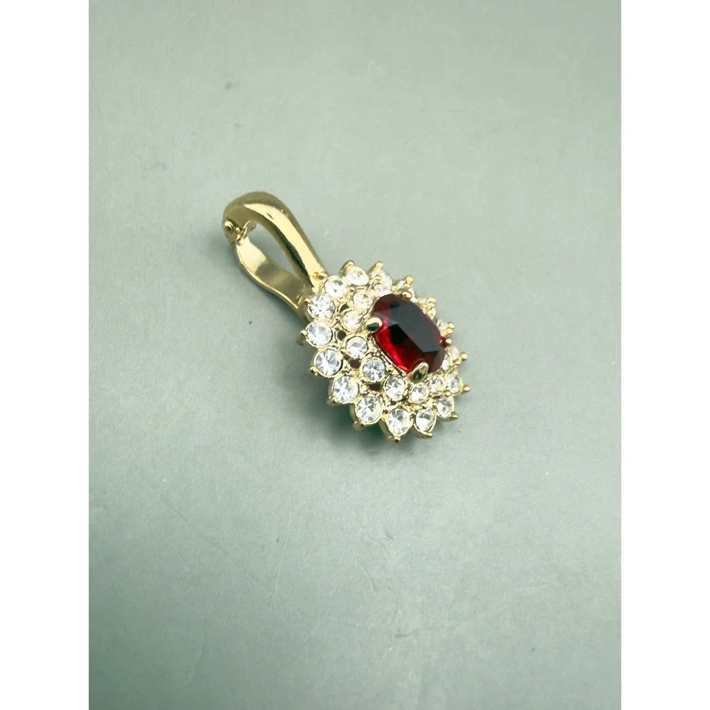 Gold Tone Red Oval Stone Enhancer Pendant Clear Rhinestone Halo Sunburst 1 Inch